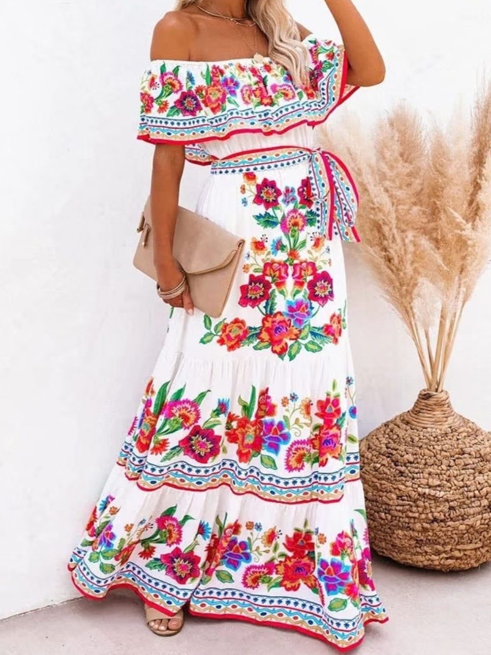 Vici White One-Shoulder Maxi Dress with Vibrant Floral Embroidery